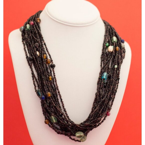 Vintage Black Beaded Many Strands Long Boho 23 Inch - F6 - Picture 1 of 4